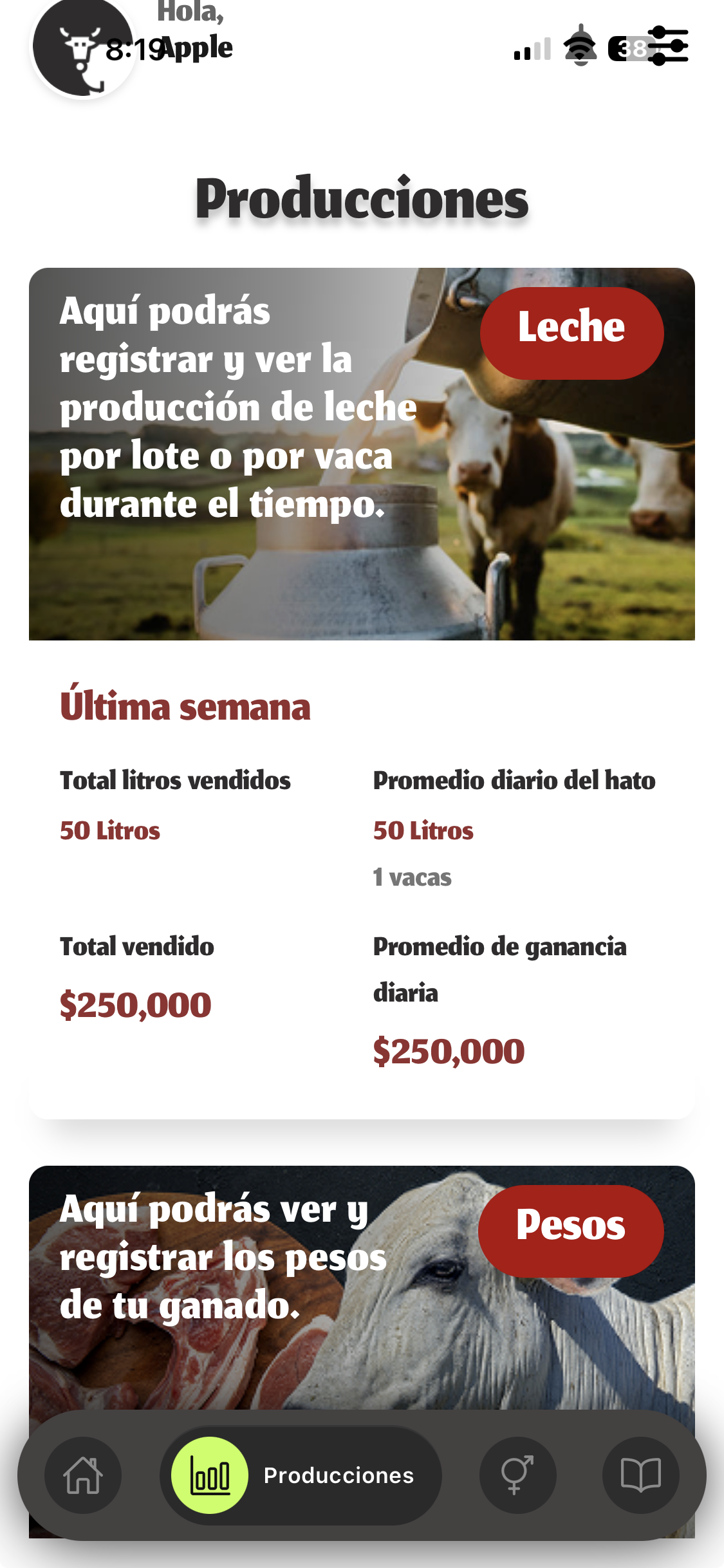 Hato app: Producciones: leche y pesos