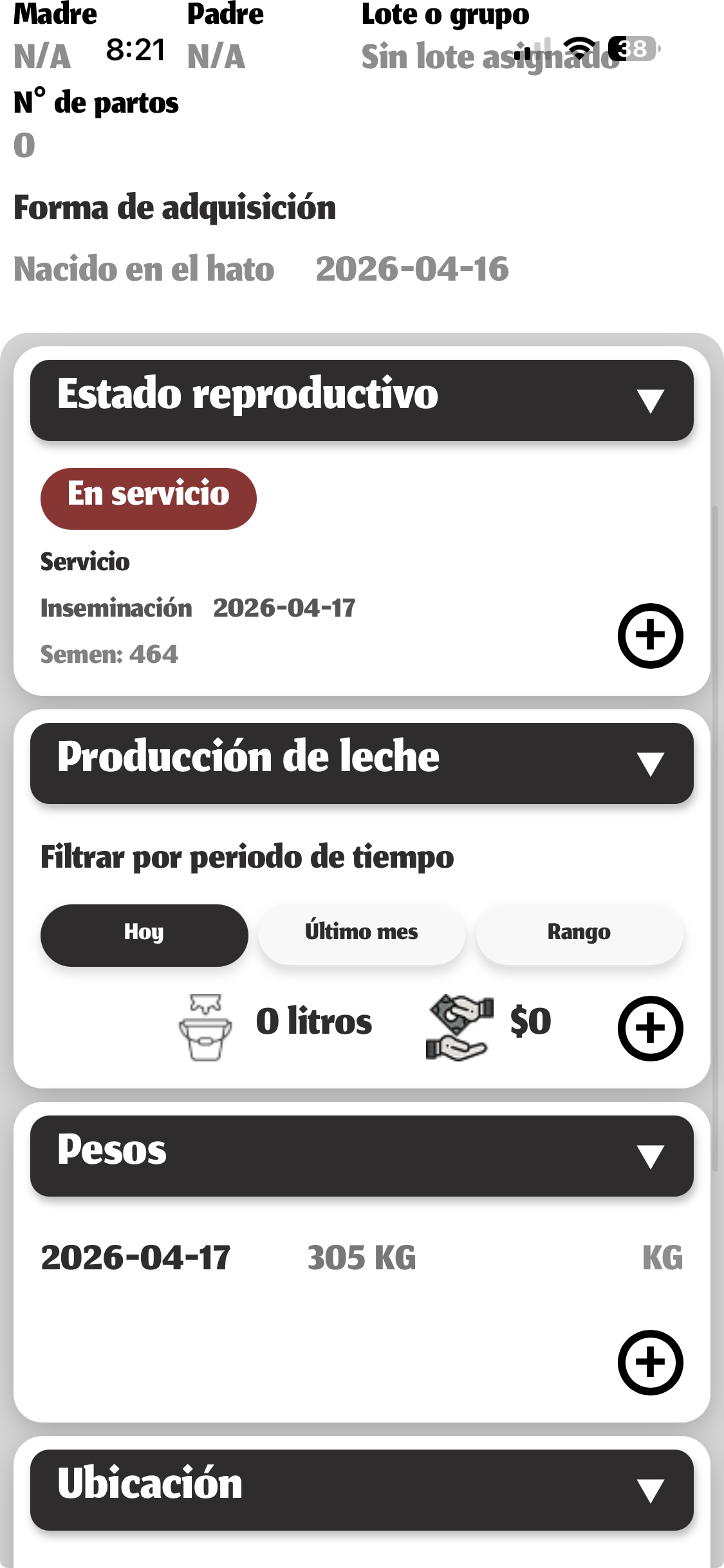 Hato app: Historial en la ficha